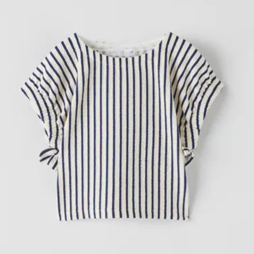 Zara Girls Navy and White Striped Bow Detail Top Sz 8